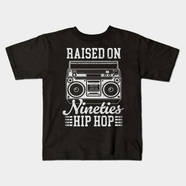 Raised on 90's Hip Hop: Funny Vintage Boom Box and Cassette Tape Kids T-Shirt by TwistedCharm